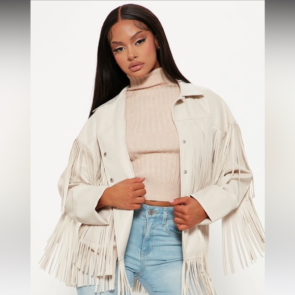 Ivory Faux Leather Fringe Jacket - Size M - Picture 4 of 4